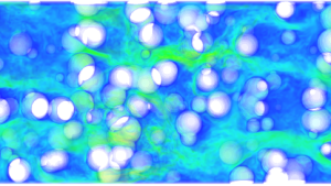 Visualisation eines modellierten Strömungsfeldes obstruiert von sphärischen Partikeln
